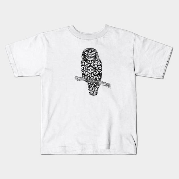 Swirly Owl (black) Kids T-Shirt by VectorInk